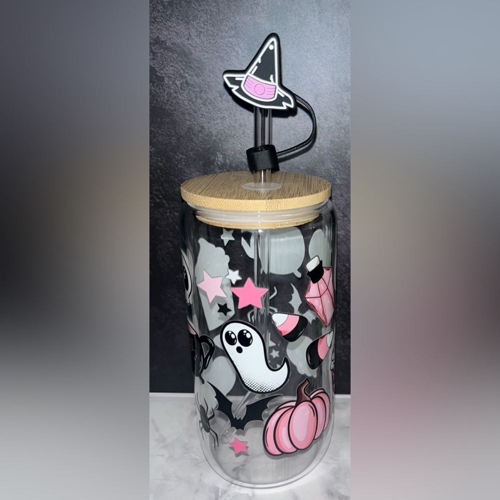 Handmade Glass Libby With Wood Lid And Glass Straw Halloween witch ghost
